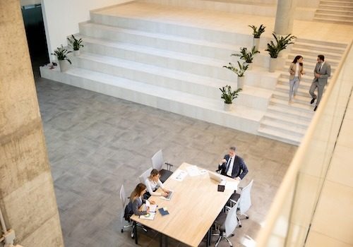 Aerial view young startup team working in the modern office